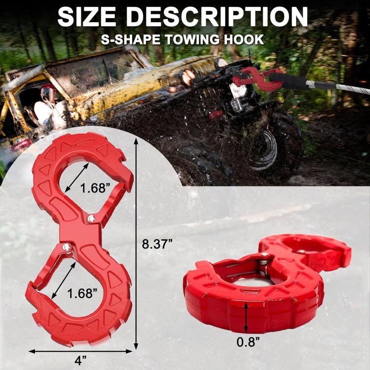 Red S-shaped towing hook with protective grip ring and metal locking pin