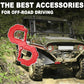 Red S-shaped trailer tow hook with protective frame, connected to recovery strap