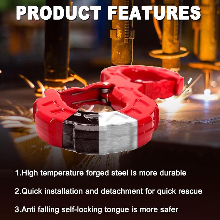 Red S-shaped towing hook with protective grip housing and metal locking pin