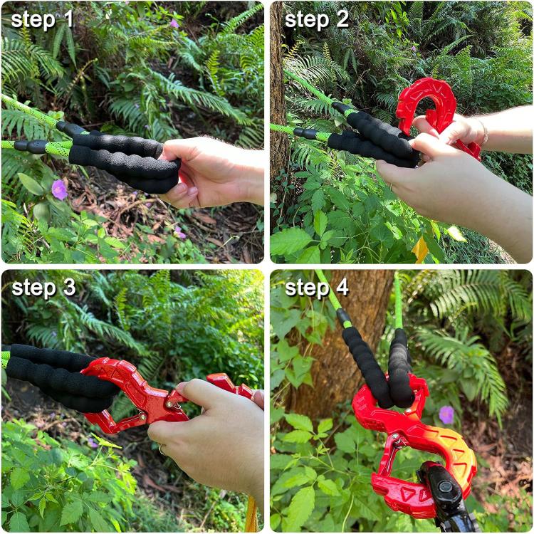 Red S-shaped towing hook held in hand for tree-strap connection