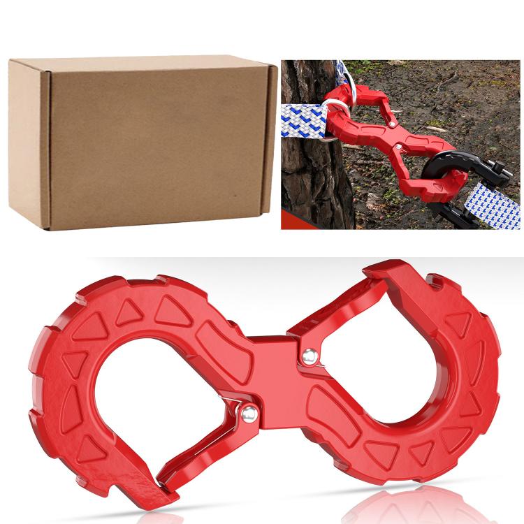 Red S-shaped trailer tow hook with metal locking pin and textured grip frame