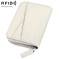 Beige genuine leather RFID accordion card bag with zip closure and card slots