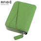 Green genuine leather zip card holder with accordion-style card slots