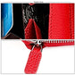 Red leather zipper pull and zipper seam close-up