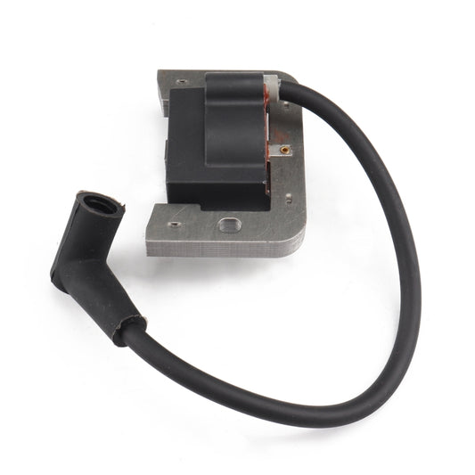 Ignition coil assembly with black coil unit, metal base plate, and two rubber boots