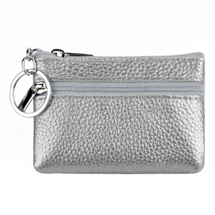 Silver gray leather zipper key coin purse with metal key ring and double zipper tracks.