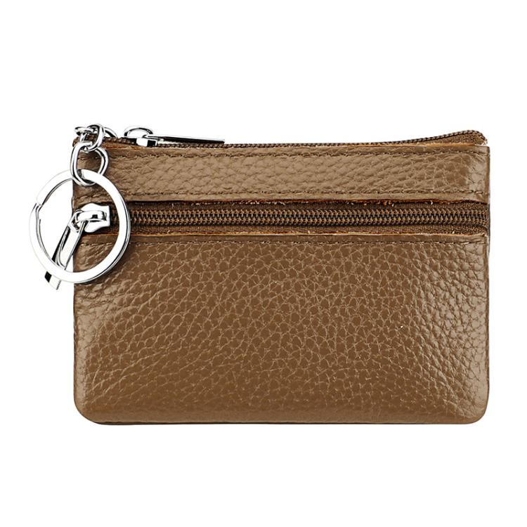 Brown leather zipper key coin purse with metal key ring and double zipper tracks.