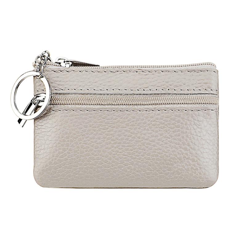 Light gray genuine leather zipper key coin purse with keyring