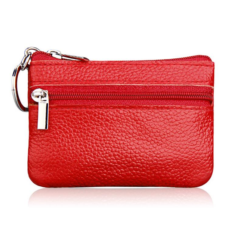 Red genuine leather zipper coin purse with key ring and dual zip compartments