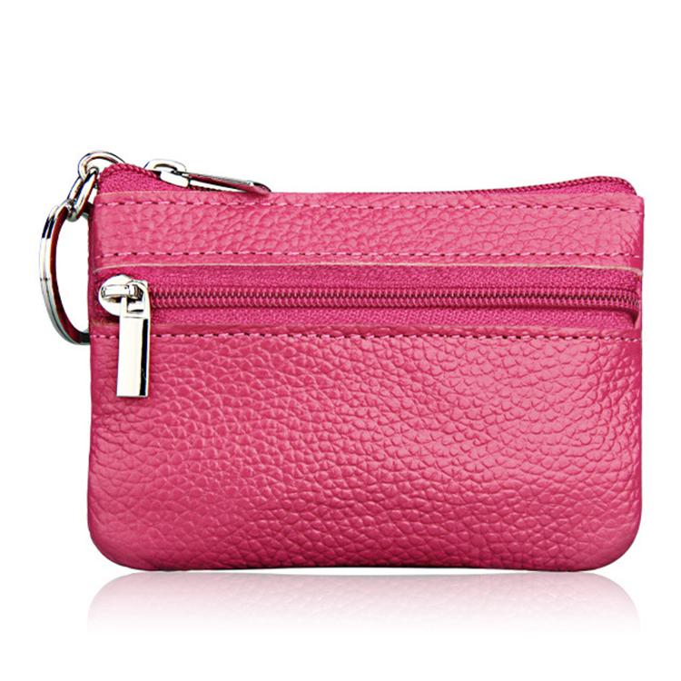 Pink genuine leather zipper coin purse with key ring and dual zip compartments