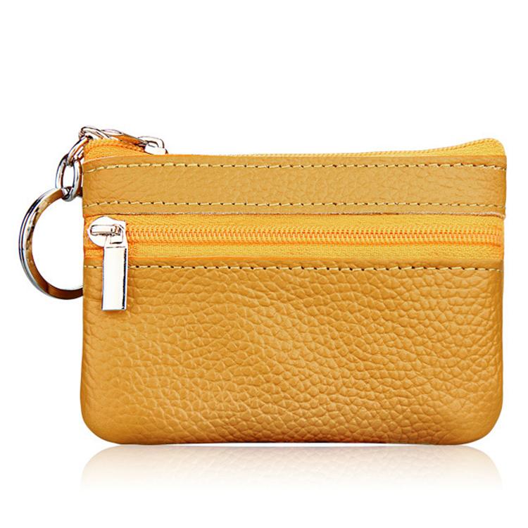 Yellow genuine leather zipper coin purse with key ring and dual zip compartments
