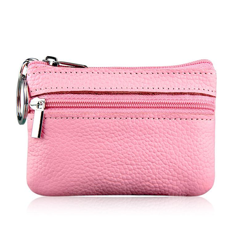 Pink genuine leather zipper key coin purse with metal key ring and double zipper.