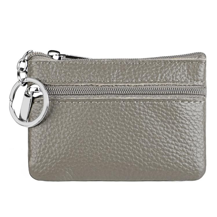 Gray genuine leather zipper key coin purse with metal key ring and two zipper tracks.