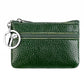 Dark green genuine leather zipper key coin purse with metal key ring and two zippers.