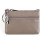 Taupe beige genuine leather zipper key coin purse with metal key ring and two zippers.