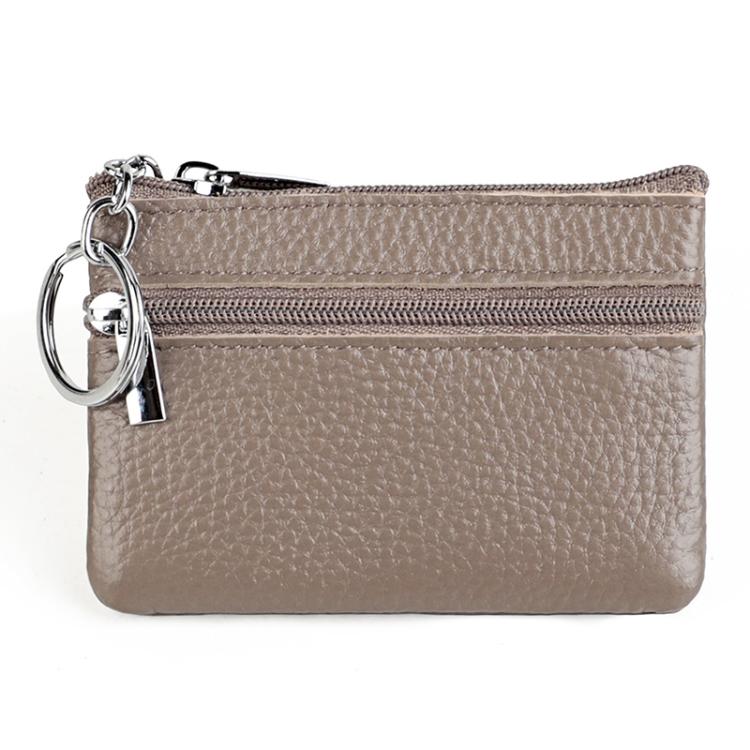 Taupe beige genuine leather zipper key coin purse with metal key ring and two zippers.