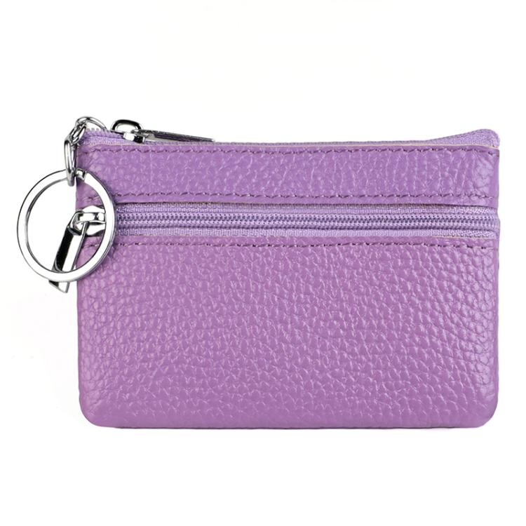 Lavender leather zipper key coin purse with metal key ring and double zipper tracks.