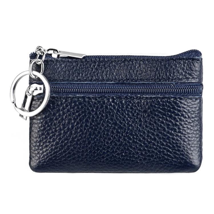 Navy leather zipper key coin purse with metal key ring and double zipper tracks.
