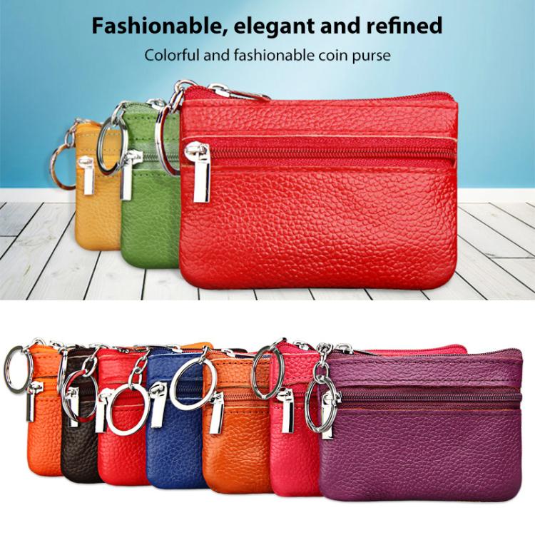 Red genuine leather zipper key coin purse with keyring