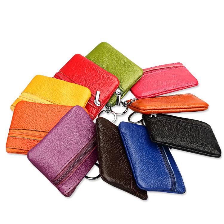 Assorted-color genuine leather zipper key coin purses with keyrings