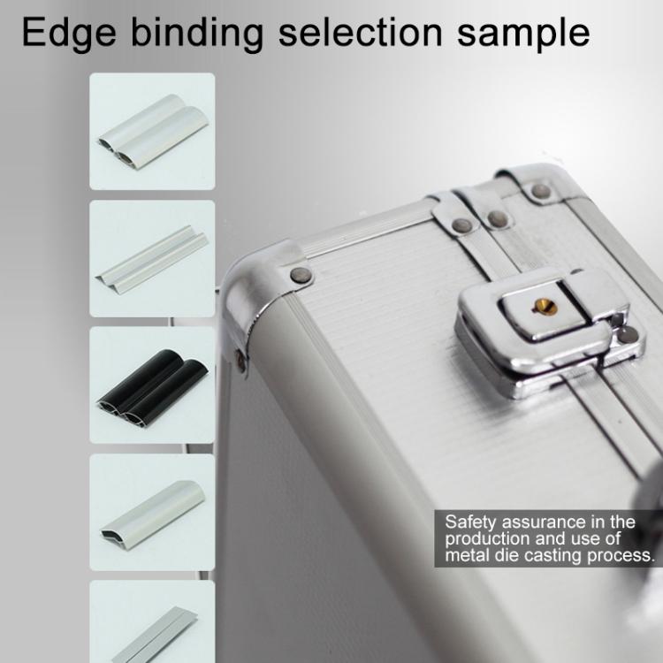Aluminum alloy tool box edge binding and latch detail on silver case
