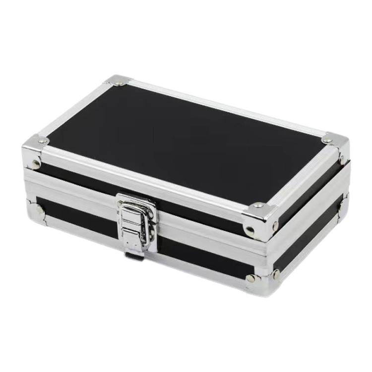 Portable aluminum toolbox with black interior and chrome buckle lock hardware
