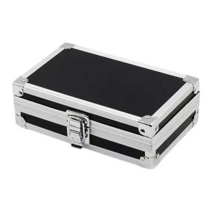 Portable aluminum toolbox with black interior and chrome buckle lock hardware