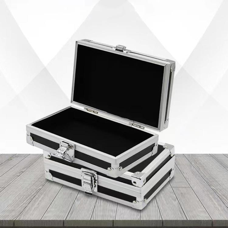 Portable aluminum toolbox with hinged lid open, black interior and chrome latches