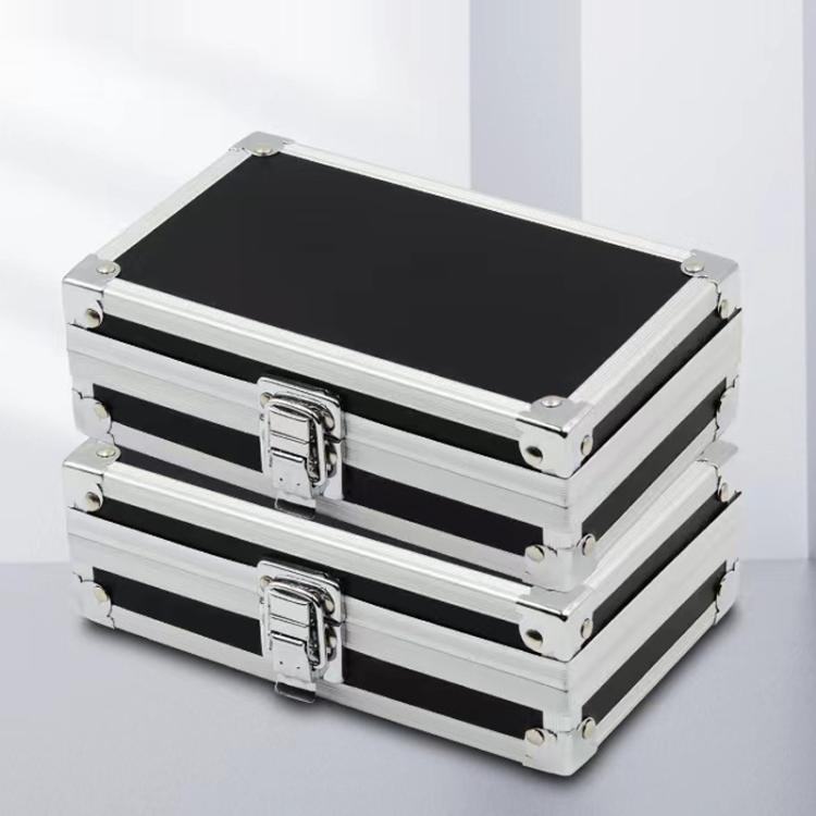 Portable aluminum toolbox with black interior, double front buckles, and chrome corners