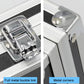 Aluminum toolbox buckle latch and metal corner protectors close-up, chrome hardware