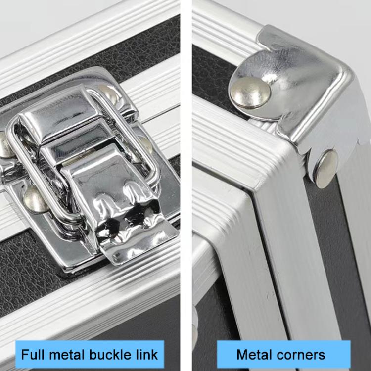 Aluminum toolbox buckle latch and metal corner protectors close-up, chrome hardware