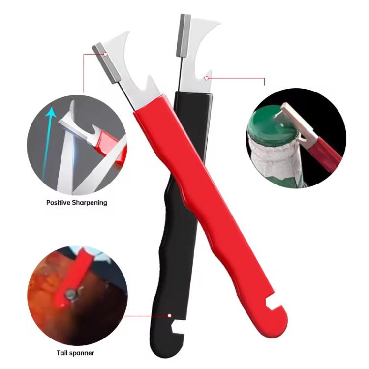 Red manual quick knife sharpener with metal sharpening head and angled grinding tip