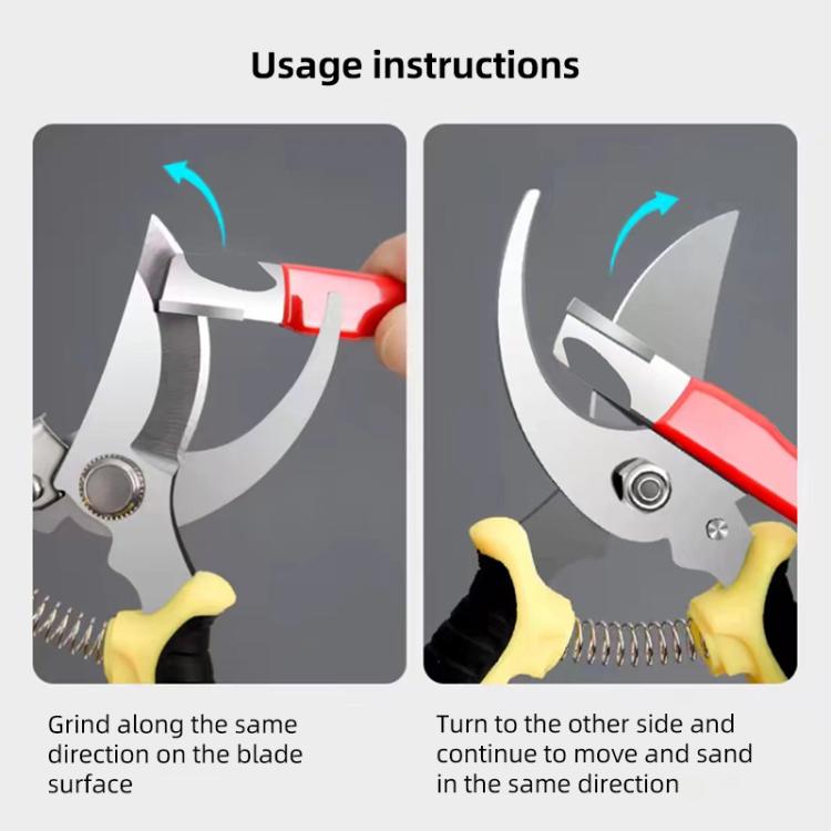 Manual quick knife sharpener with red handle and curved metal grinding edge