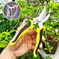 Handheld garden pruners with curved blades and yellow-black non-slip handles