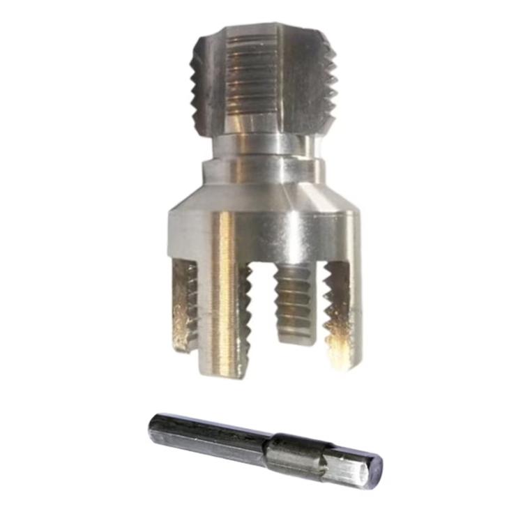 Integrated thread cutting tool with silver metal body and grooved cutting heads, plus handle pin