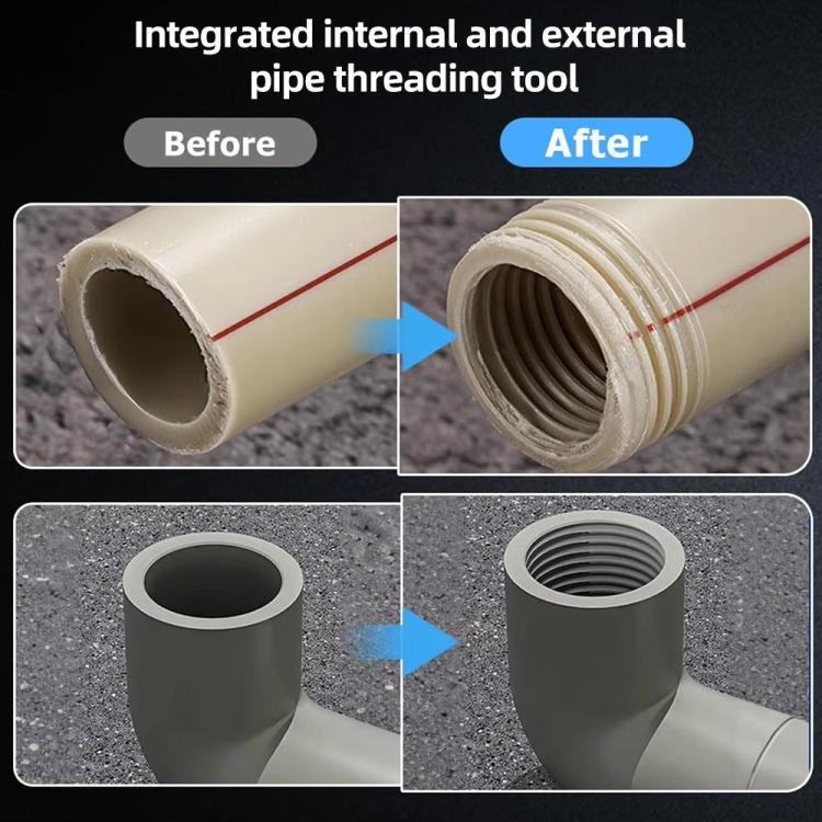 Integrated internal and external pipe threading tool with threaded pipe opening
