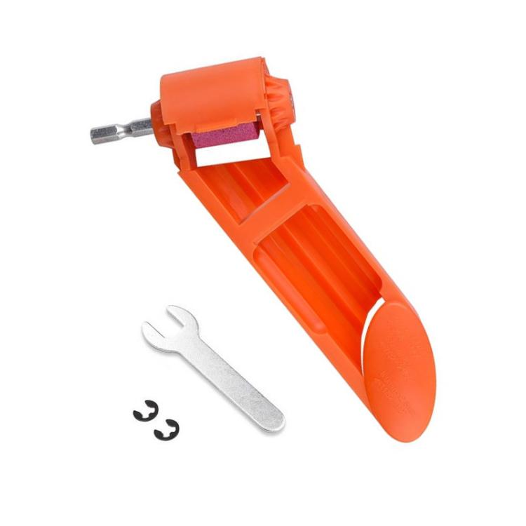 Orange portable drill bit sharpener with pink grinding wheel and included wrench tool