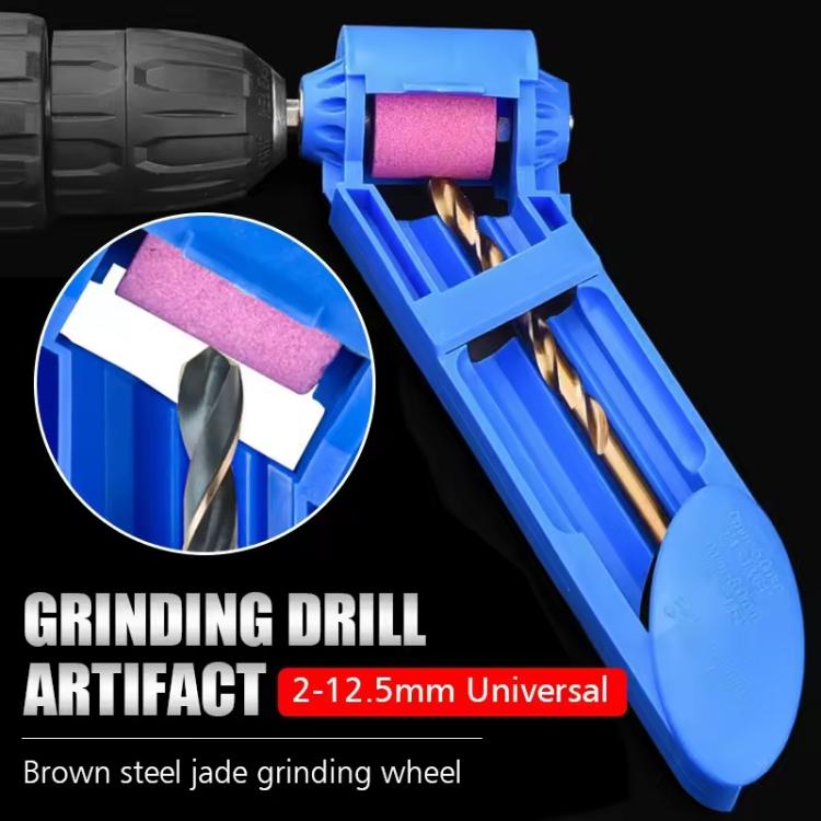 Blue portable drill bit sharpener with pink grinding wheel and drill bit