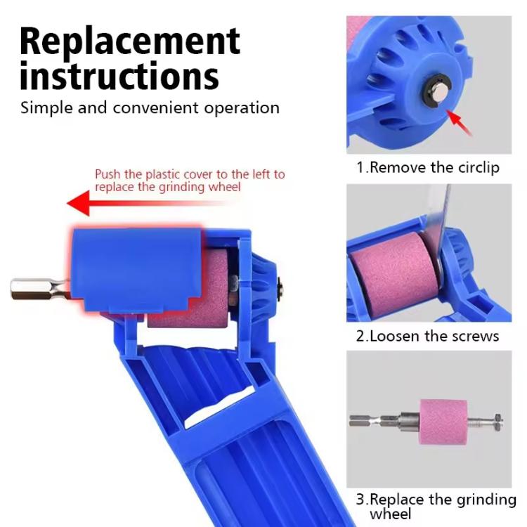 Blue portable drill bit sharpener with pink grinding wheel and removable housing