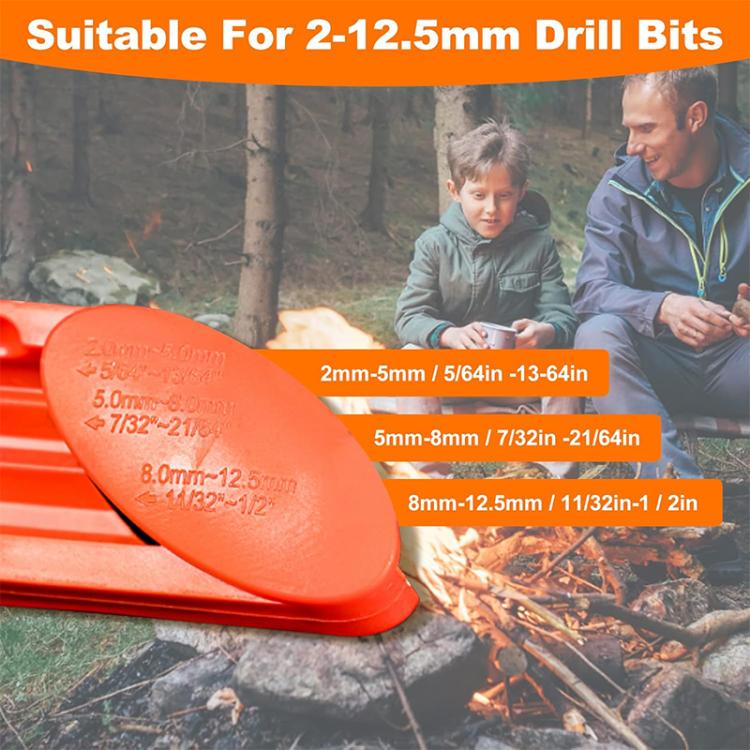 Orange portable drill bit sharpener with pink grinding wheel and drill bit rest