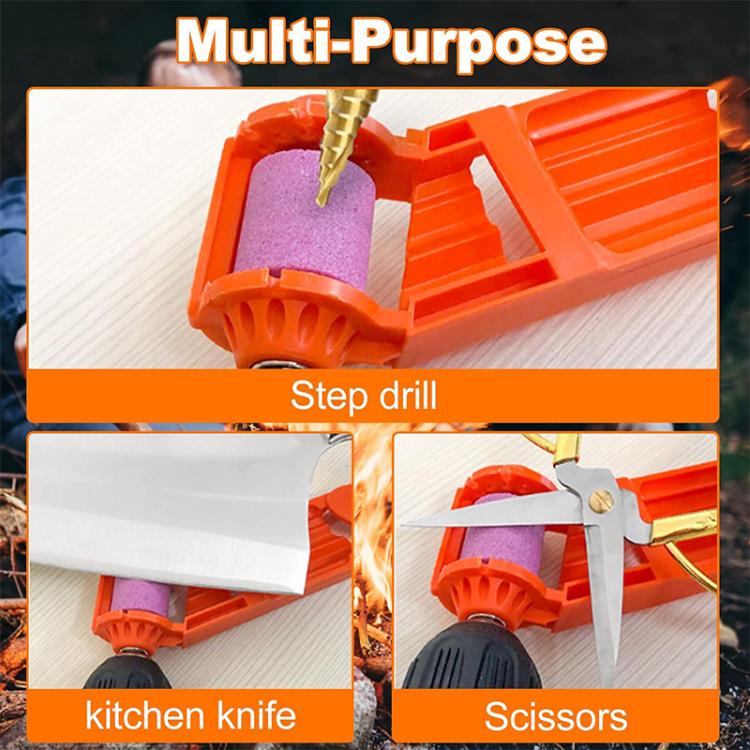 Orange portable drill bit sharpener with purple grinding wheel and drill bit