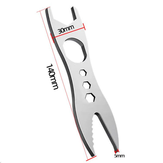 Silver double-head wrench with marked jaw sizes and hex openings for fast use