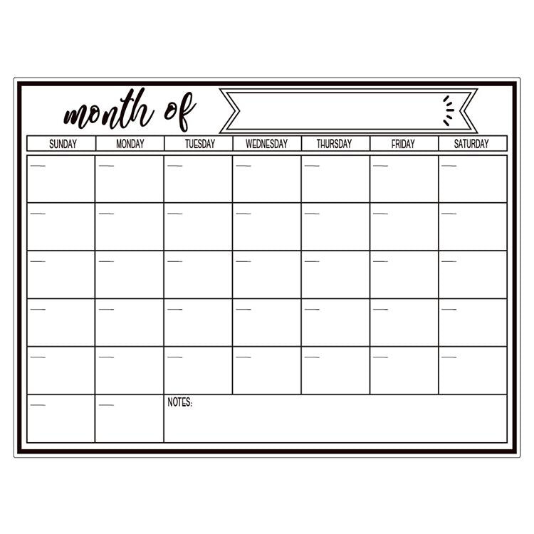 Monthly calendar magnetic refrigerator message board with weekly grid and notes box