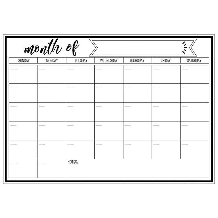 Monthly calendar magnetic refrigerator message board with blank weekly grid and notes box