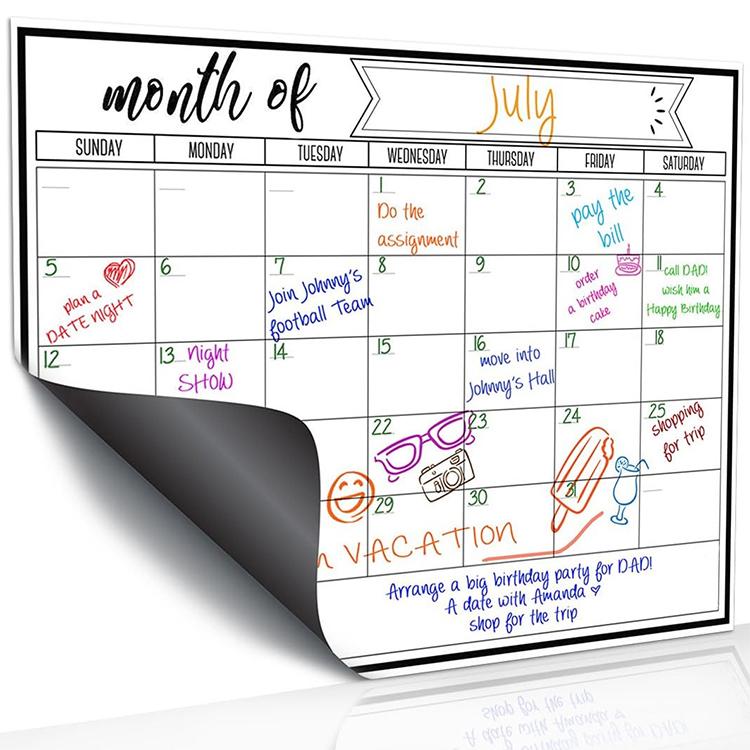 Monthly calendar magnetic refrigerator message board with handwritten July schedule and icons