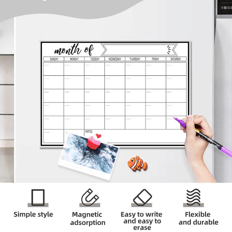 Monthly calendar magnetic refrigerator message board with handwritten notes and markers