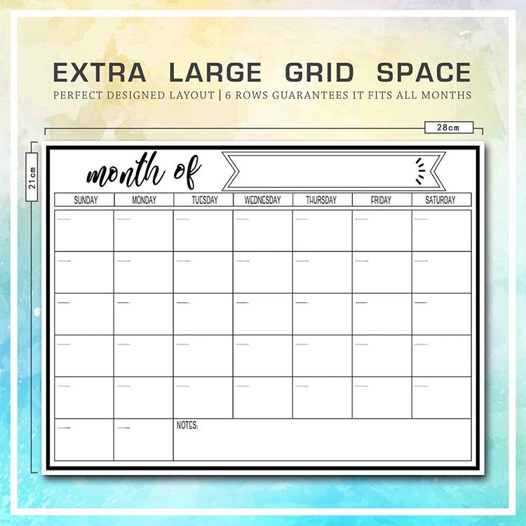 Extra large monthly calendar magnetic refrigerator message board with wide grid