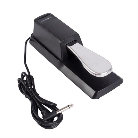 Black piano sustain pedal with silver footplate and attached audio cable