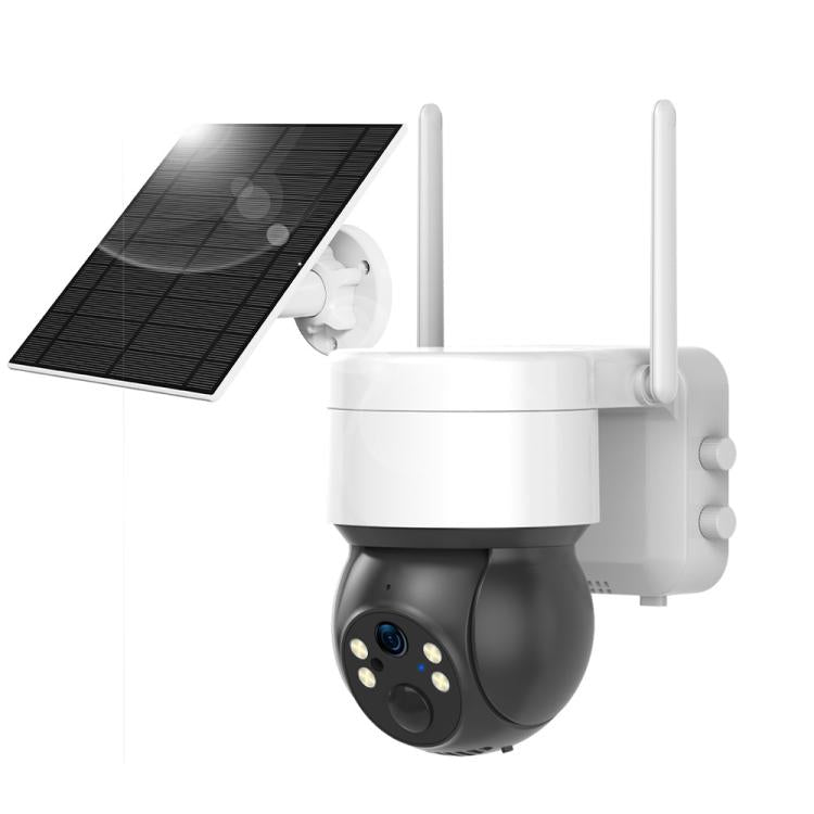 Solar-powered outdoor PTZ security camera with white dome body, solar panel, and two antennas
