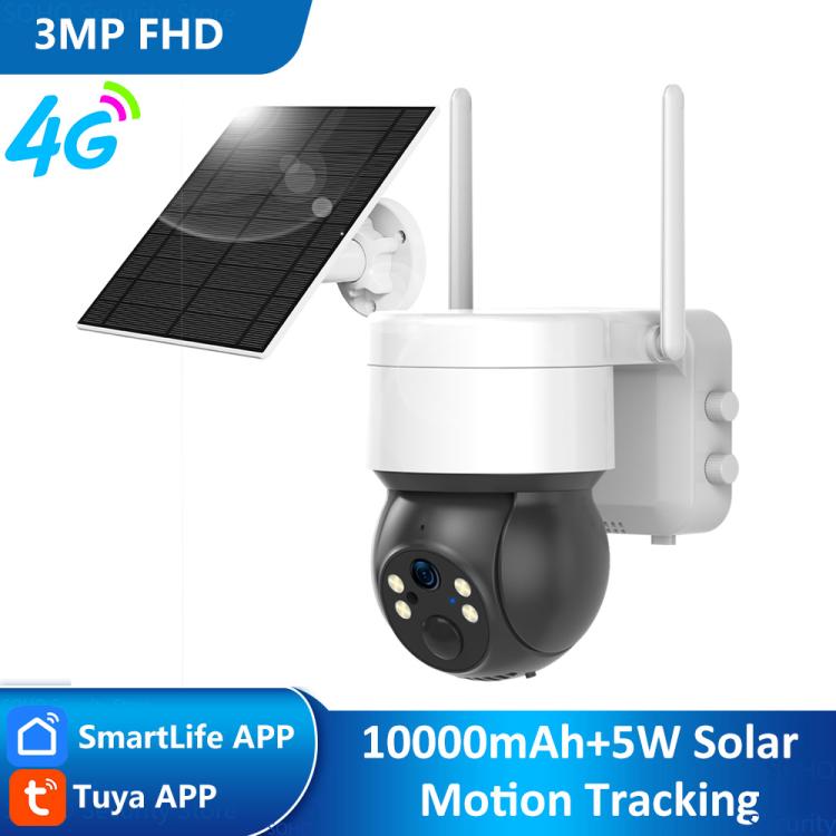 Solar PTZ security camera with 3MP FHD, 4G, white body, solar panel, and two antennas